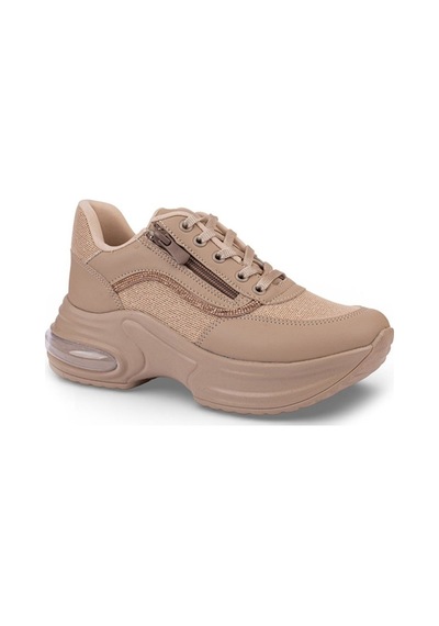 Modalendo 1511-26 Cilt Deri Simli Şeritli Anatomik Bağcıklı Kadın Sneaker Bej