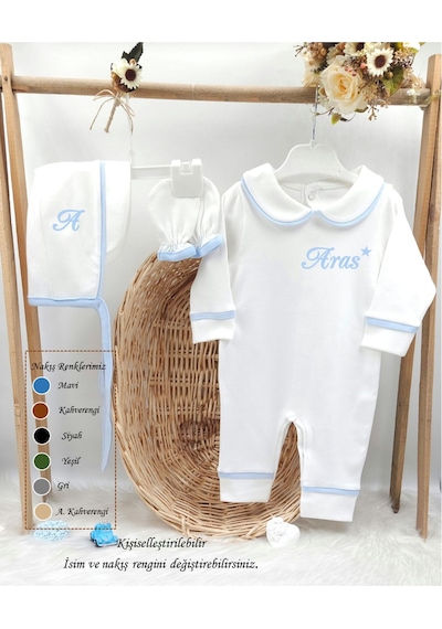 Gros Shop Biyeli 3'lü Pamuklu Hastane Çıkış Tulum Seti Kişiye Özgü İsimli Mavi