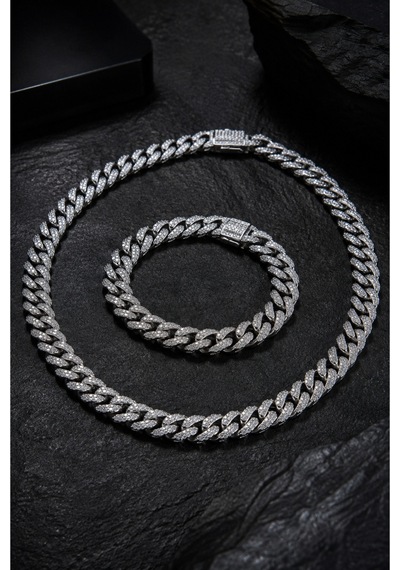 Erkek Taşlı Cuban Chain Bileklik Ve Kolye Set Zirkon Taşlı Hip Hop Rapçi Stil Paslanmaz Çelik Bileklik Kolye Gri
