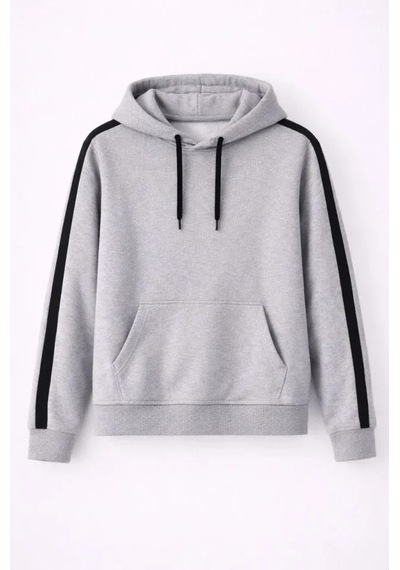 Etiler Collection Erkek Şeritli Kapüşonlu Sweatshirt Oversize 3 Iplik Pamuklu - Gri