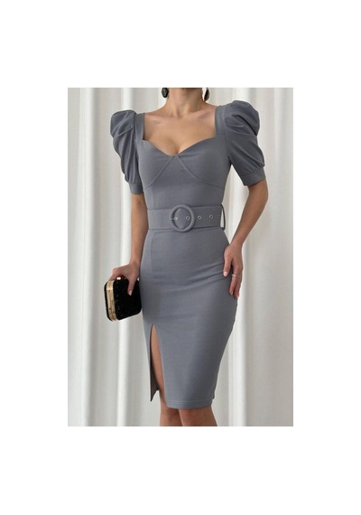 Store Krep Yaka Elbise Kemerli Kare Kumaş Abiye Kırmızı - 935902494 Kırmızı