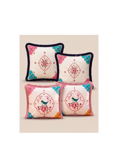 Kuş Ve Çiçek Desenli 4 Lü Saçaklı Kırlent Kılıfı 45 x 45