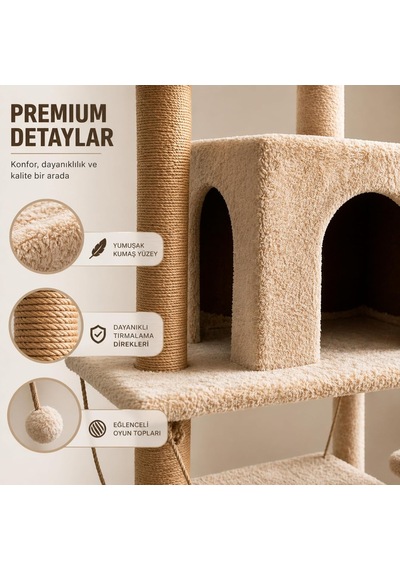Çok Katlı Kedi Tırmalama Evi, 115 Cm Yüksek Geniş Salıncaklı Komple Kumaş Kaplı 1 Büyük Yuvalı 2 Oturaklı K