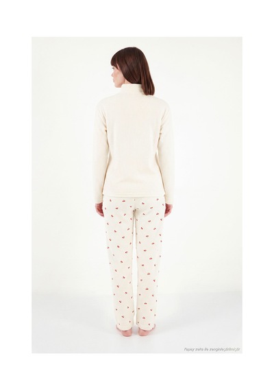 Lela Desenli Yumuşak Dokulu Yarım Fermuarlı Dik Yaka Pijama Takımı Kadın Pijama Takımı 6575017 Krem
