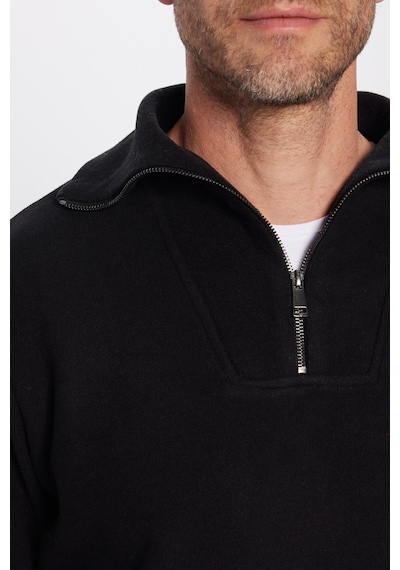 Tudors Unisex Relax Fit Rahat Kesim Fitilli Desenli Pamuklu Yarım Fermuarlı Siyah Dik Yaka Sweatshirt-31986 Siyah