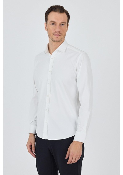 İmza Ekru Yarım İtalyan Yaka Cepsiz Gabardin Uzun Kol Slim Fit Esnek Gömlek 1004250235 Ekru