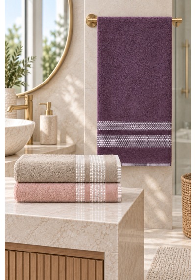 Çift Şerit Desenli Havlu 50x90 Cm 3 Lü Set - Mulberry Blush Çok Renkli