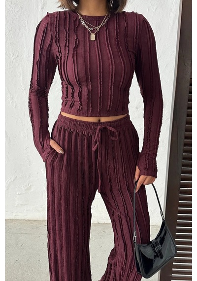 Trend Alisse Bordo Kışlık Premium Fitilli Parmak Geçmeli Crop Bluz Bol Paça Pantolon Takımı