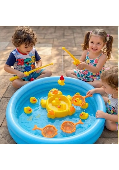7 Ördekli Oltalı Eğlenceli Eğitici Ördek Yakalama Ve Eğitici Banyo Havuzu Oyuncağı Seti 27 Cm