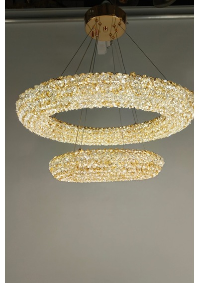 Çift Katlı Amber Kristal Taşlı Modern Led Halka Avize Gold 1