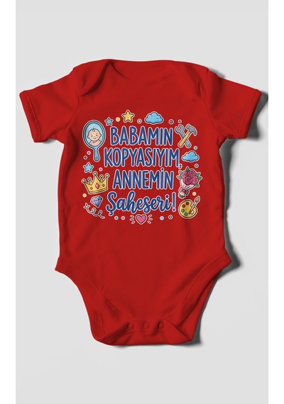 Morivokids Babamın Kopyasıyım Annemin Şaheseri Kısa Kollu Bebek Body %100 Pamuk Kırmızı