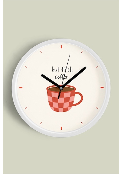Modern Yazılı Tasarım - '' But First, Coffee '' Mutfak Duvar Saati - 42cm - Önü Camlı Beyaz Kasa Beyaz