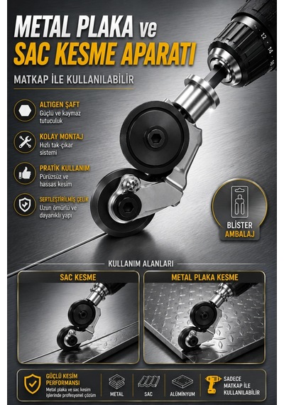 Matkap Ucuna Takılabilen Metal Sac Kesme Aparatı Şarjlı Ve Elektrikli Matkap Uyumlu Pratik Kesim Aleti Lisinya