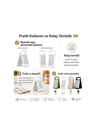 Katlanabilir Ayrılabilir Rende, Çift Taraflı İnce Ve Kalın Rendeleme, Paslanmaz Çelik Bıçaklı, Abs Plastik Göv Diğer