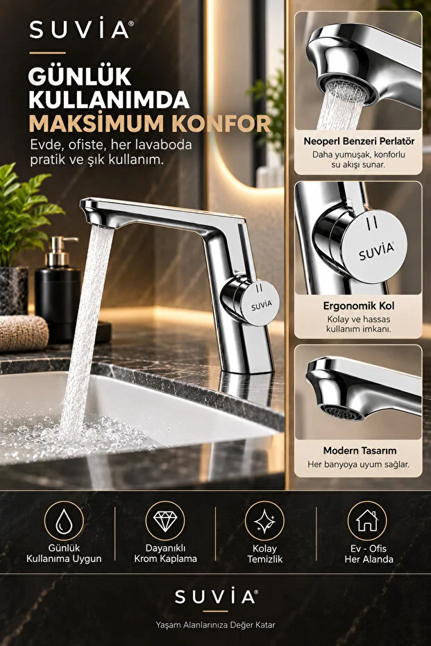 Lavabo Bataryası Pirinç Gövde Krom Kaplama Banyo Musluğu Modern Tasarım Sıcak Soğuk Su