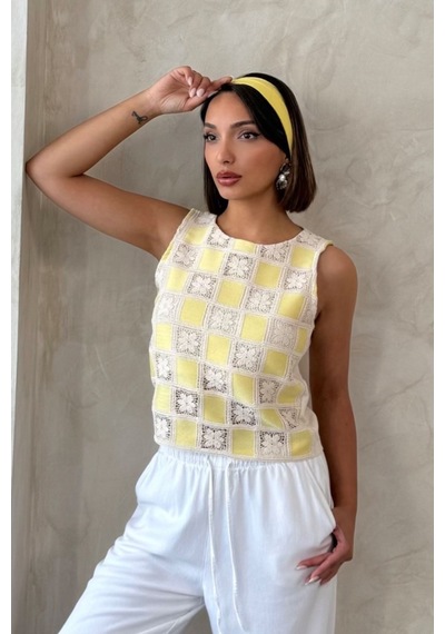 Verymoda Dama Desen Tığ İşi Toptan Bluz Sari