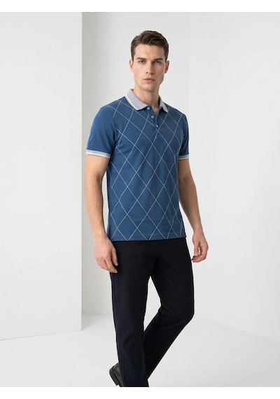 Giyim Dünyası Erkek Baklava Desenli Polo Yaka Tshirt Petrol Mavi