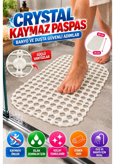 Crystal Kaymaz Vantuzlu Banyo Paspası Beyaz 68x35 Cm Islak Zemin Kaydırmaz Küvet Duşakabin Pvc Matı