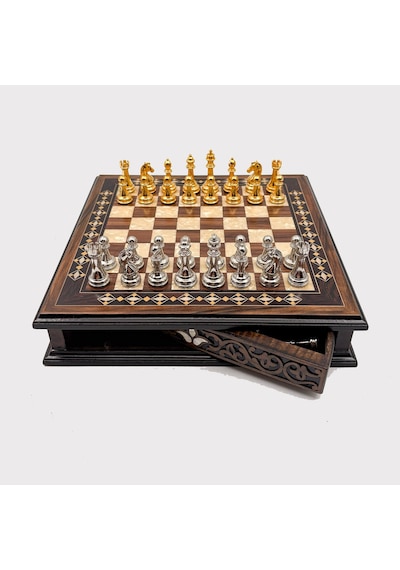 Özel - 641 - Tasarım El İşi Yuvarlak Satranç Tahtası Ve Metal Satranç Taşları Mcyv36 - Altın-gümüş, - Muratech - Kahve Ta