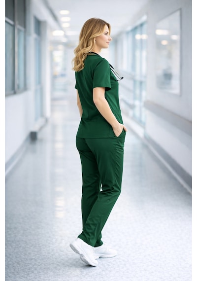 Likralı Hemşire Doktor Forması Premium Belinda Soft Kumaş Scrubs Hastane Üniforması Cerrahi Takım Yeşil