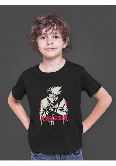 Bumeta Naruto Kakashi Red Anime Çocuk Tişört T-shirt Siyah