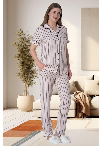 Mecit Pijama Mecit 6016 Pembe Çizgili Boydan Düğmeli Kadın Pijama Takımı 001