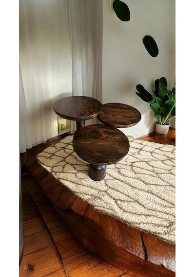 Wood Ahşap 3 Lü Set Ürgüp Mantar Yan Sehpa Konik / Ceviz Renk
