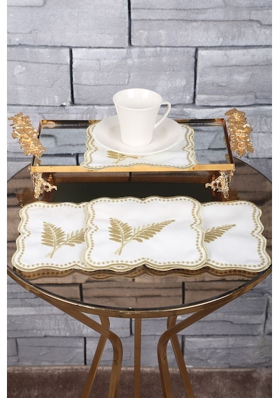 Palmiye Yaprak Gold Linen Keten Kumaş 6'lı Kahve Kokteyl Peçetesi
