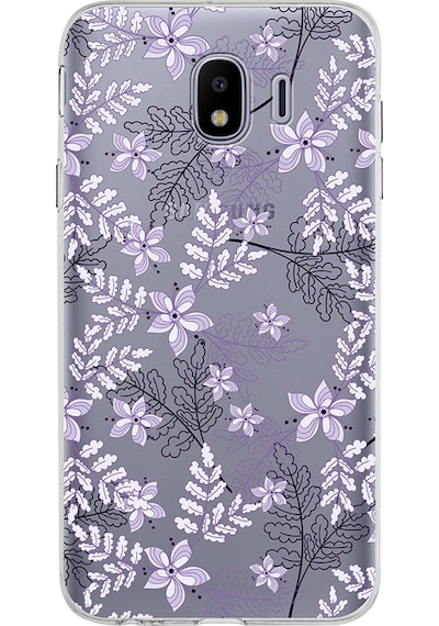 Samsung Galaxy Uyumlu J4 Kapak Floral Lila Tasarımlı Şeffaf Silikon Kılıf