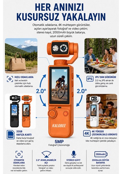 Kalobee Pocket3 Pro 4k Ultra Hd El Tipi Kamera 180 Döner Başlıklı Otofokus Vlog Kamerası Dokunmatik Ekranlı Cep Kamerası