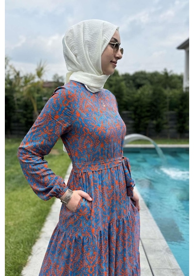 Rabia Şamlı Betül Turuncu Tesettür Elbise Çok Renkli