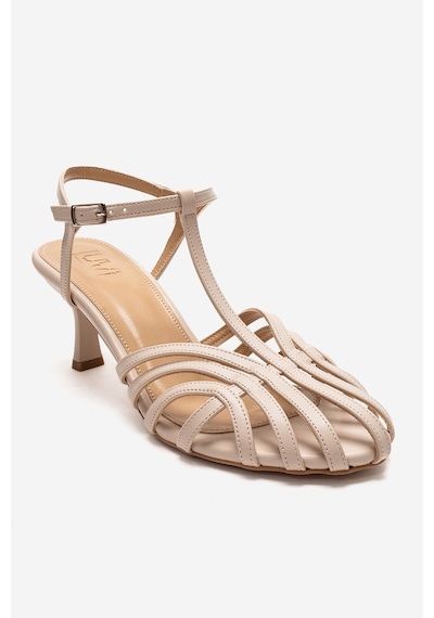 Luvishoes Luvi Shoes Felip Ekru Cilt Bantlı Kadın Kısa Topuklu Ayakkabı Ekru