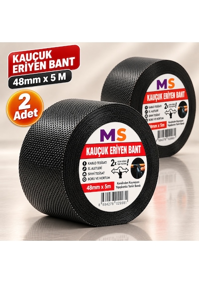 2 Adet Kauçuk Eriyen Bantı Siyah 48 Mm X 5 Metre Elektrikçi Kablo Boru Hortum İzolasyon Tamir Bandı