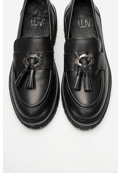 Luvi Shoes Marsy Siyah Cilt Hakiki Deri Püsküllü Kadın Loafer Ayakkabı