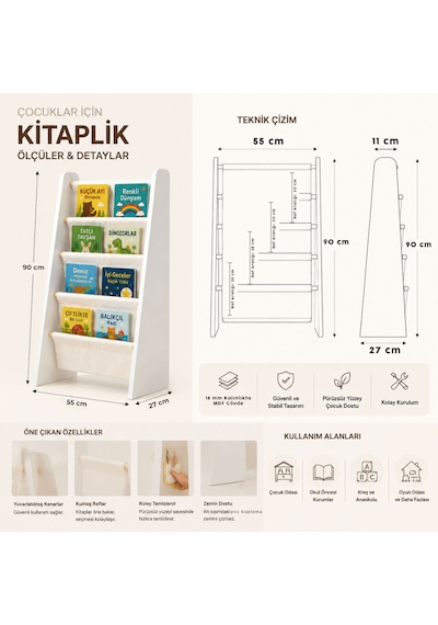 Montessori Çocuk Kitaplığı - Büyük Boy Ahşap Kitap Rafı - Yıkanabilir Paraşüt Kumaş Raflı - Çocuk Odası Kitap Düzenleyici Beyaz