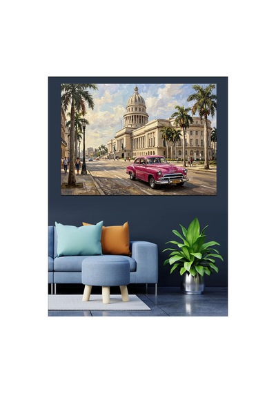 Klasik Pembe Araba Ve Tarihi Bina Yağlı Boya Dokulu Kanvas Tablo Canvas Tablosu