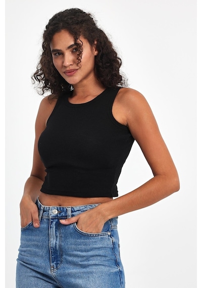 Comeor Kadın Siyah Fitilli Görünümlü Askılı Kalın Esnek Örme Basic Crop Atlet Bluz Cmrb93