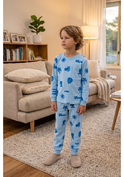 Zuzunga Deniz Temalı Mavi Renk %100 Pamuk Erkek Çocuk Pijama Takımı Bebe Mavi