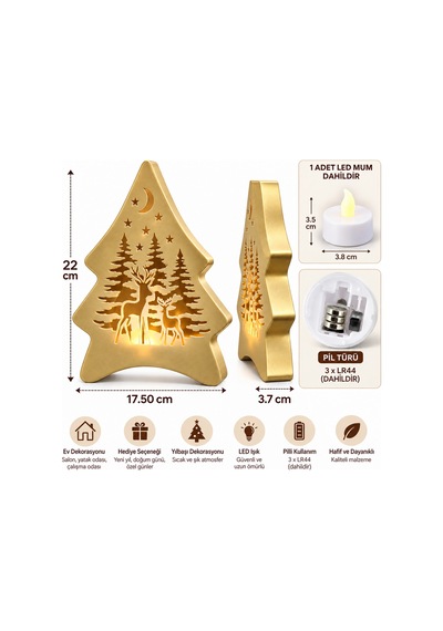 Led Işıklı Çam Ağacı Dekoratif Biblo Geyik Ve Yıldız Desenli Yılbaşı Dekorasyonu, Pilli Gece Lambası - Gold Açık