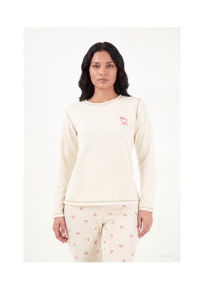Lela Desenli Yumuşak Dokulu Uzun Kollu Pijama Takımı Kadın Pijama Takımı 6575020 Krem
