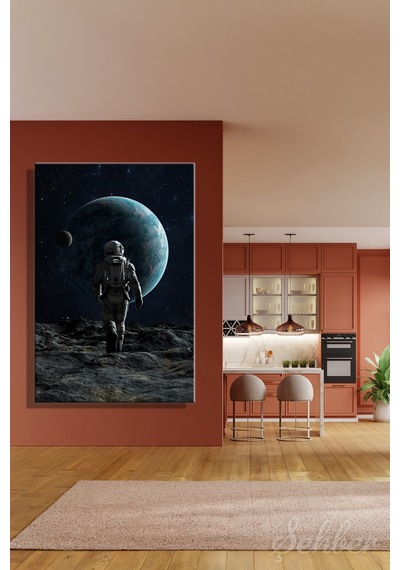 Uzay Ve Astronot Temalı 3 Boyutlu Dijital İllüstrasyon Dikey Kanvas Tablo 4815 Çok Renkli