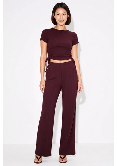 Benerly Kadın Kısa Kollu Bisiklet Yaka Crop Top İspanyol Paça Flare Panto Mürdüm Benerly Kadın Kısa Kollu Bisiklet Yaka Crop Top İspanyol Paça Flare Panto Mürdüm