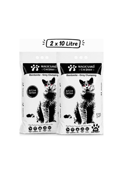 Aktif Karbon Kedi Kumu, Bentonit, Gri Topaklaşan, 10 L X 2 Adet