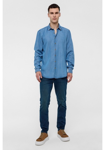 Backandbond Mavi Regular Fit Uzun Kollu Denim Gömlek