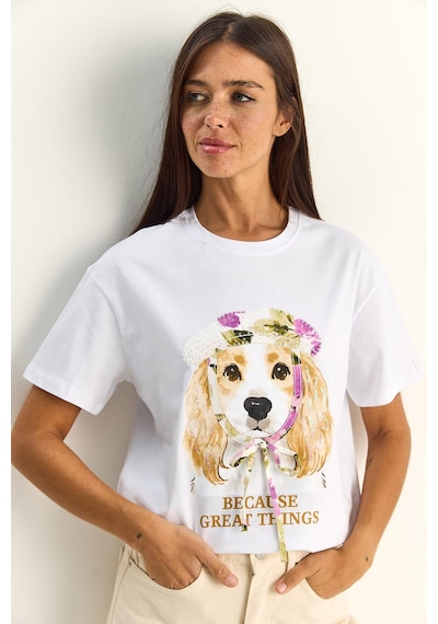 Shade Kadın Baskı Ve Payet Detaylı Fiyonklu Basic T-shirt 7643 60286115 - Beyaz