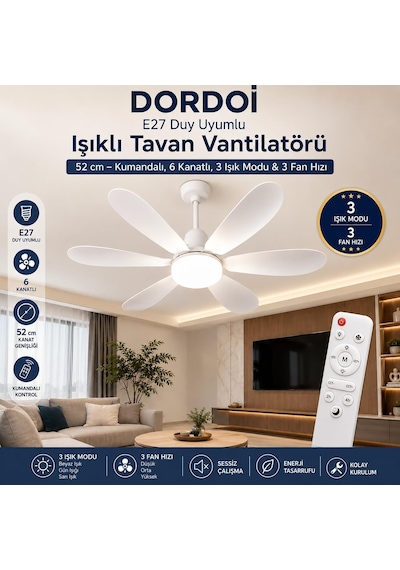 E27 Duy Uyumlu Işıklı Tavan Vantilatörü 52 Cm Kumandalı, 6 Kanatlı, 3 Işık Modu & 3 Fan Hızı