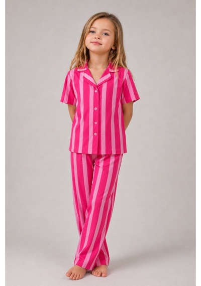 Kız Çocuk Çizgili Gecelik Pembe Pijama Takımı