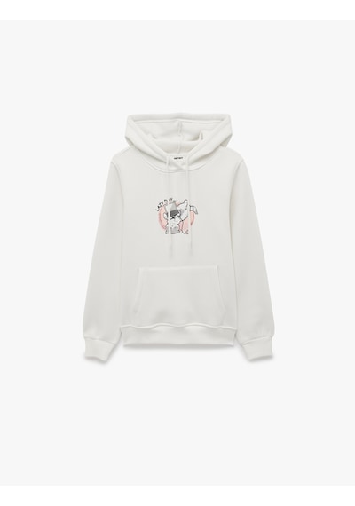 Koton Üç İplik Şardonlu Uzun Kollu Kanguru Cepli Kedi Baskılı Kapüşonlu Sweatshirt Ekru 7wal10054ık