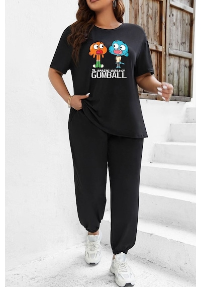 Uyguntarz Unisex Gumball Baskılı 2'li Eşofman Takımı Siyah
