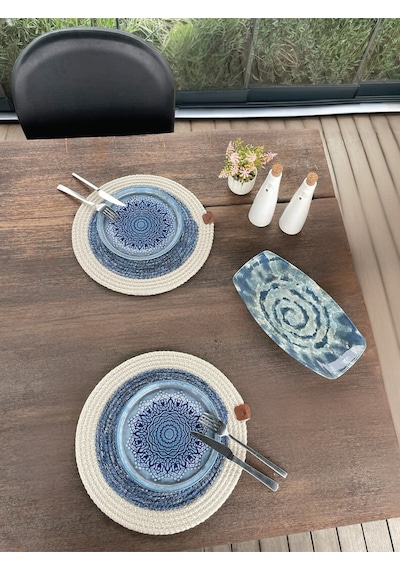 2 Kişilik Yuvarlak Amerikan Servis Leke Tutmaz - Supla Beyaz/ Mavi 33x33 Cm Mavi/beyaz